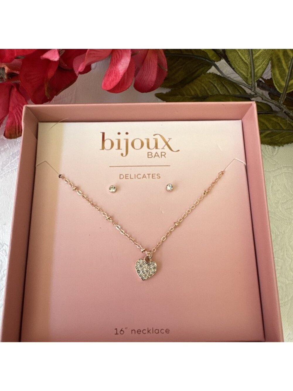 Bijoux Delicates Rose Gold CZ Heart Charm Statement 16" Necklace Earring SET NEW